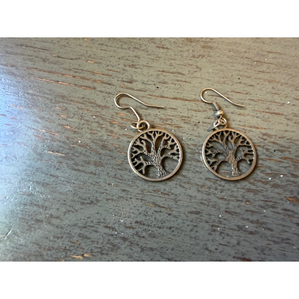 Tree of Life Silver Tone Cutout Round Dangle Drop Earrings Boho Nature Jewelry